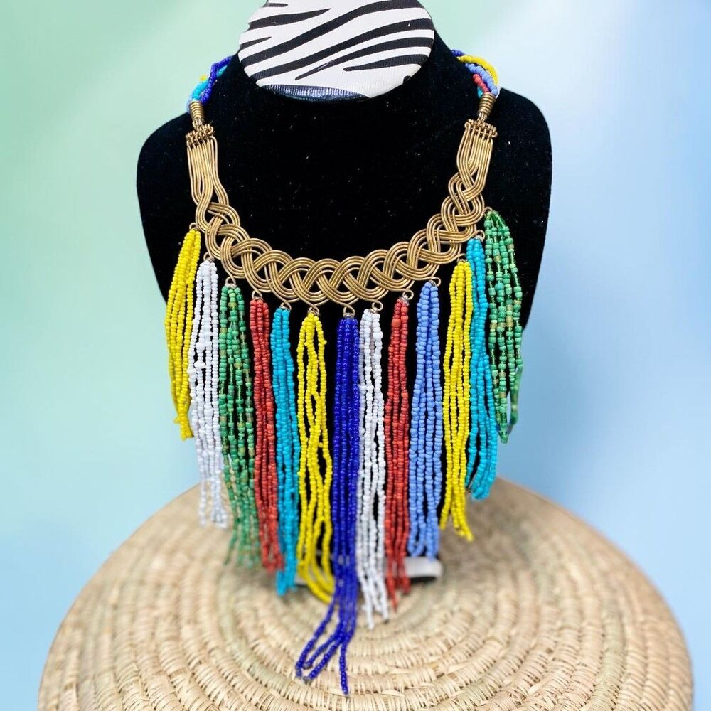 Kenyan Artisan Brass Bib Necklace Multi Color Glass Seed Bead Fringe Statement - Picture 4 of 5